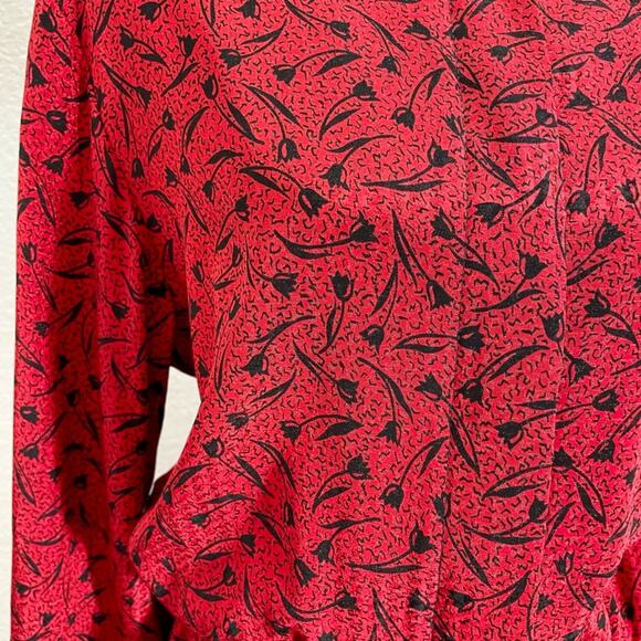 Vintage 1980s Red & Black Handmade Chiffon Blouson Secretary Dress Size 8 Medium - Picture 3 of 11